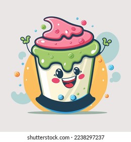 illustration of fruit yogurt on cup logo cute mascot ice cream gelato cartoon art design in vector flat outline color style