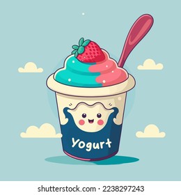 illustration of fruit yogurt on cup logo cute mascot ice cream gelato cartoon art design in vector flat outline color style