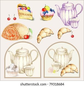 Illustration of a fruitcake, pie, croissant, cup, coffee pot,teapot, milk jug, fruit. Menu.