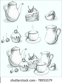 Illustration of a fruitcake, pie, cup, coffee pot,teapot, milk jug, fruit. Menu.