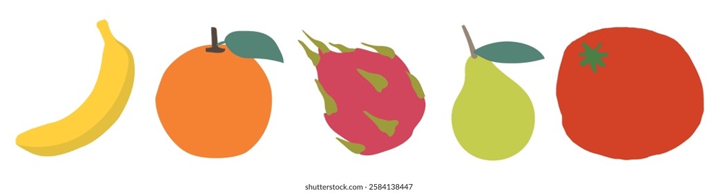 Illustration of fruits banana, orange, dragon fruit, pear, and tomato. Bright, colorful fruits. Fruits in a row. Cartoon fruits with leaves. Vibrant fruit art. Vector element set.