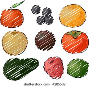 Illustration of fruits, hand-drawn look rough sketchy coloring