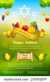 ilustración de frutos colgando del festival judío Happy Sukkot