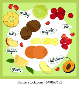 Illustration with fruits and inscriptions on green background