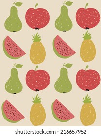 Illustration of fruits pattern in retro colors, doodle style