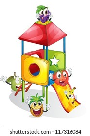 illustration of fruits and plaything on a white background