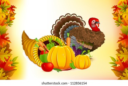 Illustration Of Fruits And Vegetable In Cornucopia With Turkey For Thanksgiving