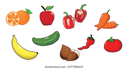 Illustration of fruits and vegetables
Orange, Apple, Paprika, Carrot, Chilli, Pepper, Tomato, Banana, Cucumber and snakefruit 