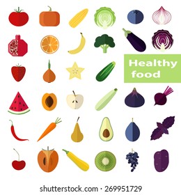 Illustration of fruits and vegetables in rainbow colors on white background.
