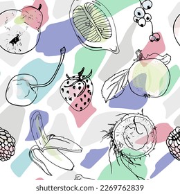 Illustration fruity seamless pattern background. Banana, apple, pear, berries, cherry, strawberry, coconut. Transparent images on a mottled background. For print, package, clothes, clothes, interior