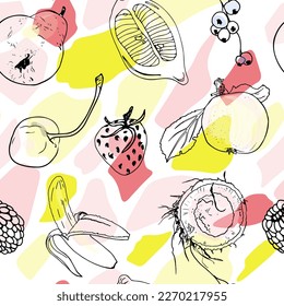 Illustration fruity seamless pattern background. Banana, apple, pear, berries, cherry, strawberry, coconut. Transparent images on a mottled background. For print, package, clothes, clothes, interior