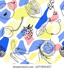 Illustration fruity seamless pattern background. Banana, apple, pear, berries, cherry, strawberry, coconut. Transparent images on a mottled background. For print, package, clothes, clothes, interior