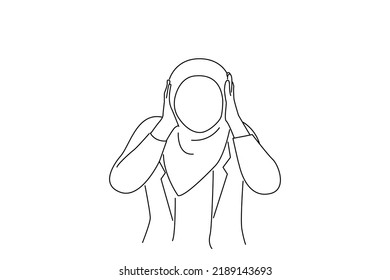 Illustration of frustrated asian muslim business woman hold her head, depressed anxiety gesture, close her ears. One line art style
