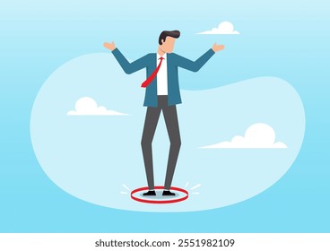 An illustration of frustrated Businessman standing uncomfortably in a small red circle. Business boundary, limitation or framing that prevents progress work, career growth concept