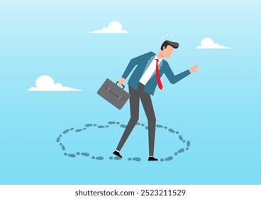 An illustration of frustrated businessman walk in circle with no way out and no career path. Career path dead end, work on same old repetitive job, infinity loop routine job concept