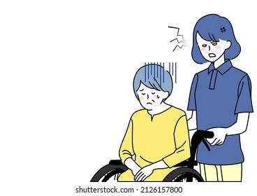 Illustration of a frustrated caregiver and an annoyed senior