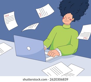 Illustration of a frustrated person grappling with overwhelming tax documents, surrounded by flying papers, symbolizing the stress and complexity of financial obligations.