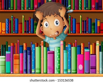 Illustration of a frustrated young man in the library