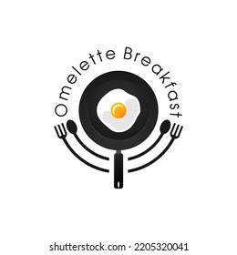 Illustration of frying an egg using a black pan, logo design for an omelette restaurant