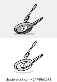Illustration of a frying pan frying eggs with a spatula on top. Vector Design