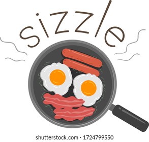 Illustration Of A Frying Pan Producing Sizzle Sound While Cooking Hotdogs, Eggs And Bacon