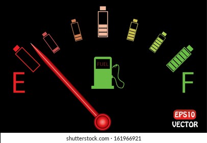 Illustration of fuel gauge with colorful batteries, on black background. Abstract fuel gauge with red indicator and vibrant color batteries. Isolated, easy to edit vector illustration. 