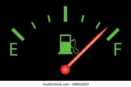 Illustration of fuel gauge, over black background. Green and red color on black vector design. 