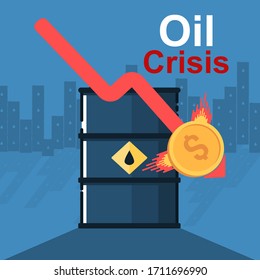 illustration Fuel tank and the arrowhead,with a dollar coin falling down with speed,and with a mountain-like oil tank in the back,oil price crisis that rapidly depressed. Vector.