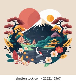 ilustración de Fuji mount Japón Concepto de destino de viajes, emblema turístico de estilo de color plano vector