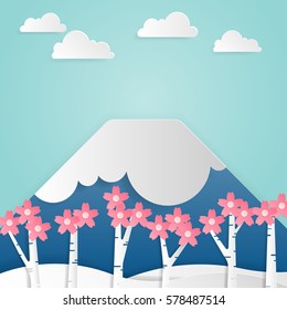 Illustration Of Fuji Mountain Landscape And Cherry Blossom Flower In Japan, Paper Cutout Vector Style