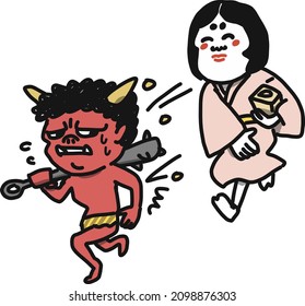 Illustration of Fuku sowing beans toward a demon on Setsubun day