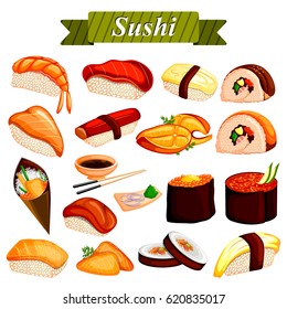 illustration of full collection different variety of Sushi roll from Japanese cuisine