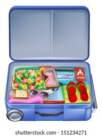 Illustration of a full holiday vacation suitcase with all the essentials like summer clothing, sunglasses, sun cream, books and of course a passport