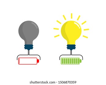 illustration of full and low battery for bulb idea vector cartoon flat design