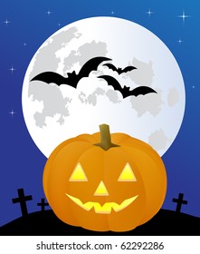 Illustration of the full moon with the bats and pumpkin