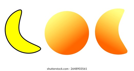 Ilustração de uma lua cheia, lua crescente e meia lua.