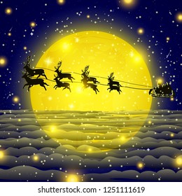 Illustration - full moon. Heaven. Moonlight. Meteorites and stars. Starry, snowy night. Santa Claus on a sleigh with reindeer. Vector.