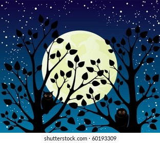 An illustration of a full moon night with big-eyed owls sitting in the trees.