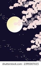 Illustration of full moon and night cherry blossoms