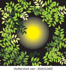 illustration of a full moon night seen from behind the leafy rimbu. designed to work for patterns. Full moon night vector design decorated with leaves can be edited and used for backgrounds 