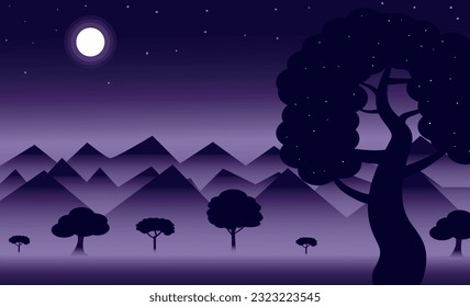 Illustration of full moon on mountains and hills landscape
