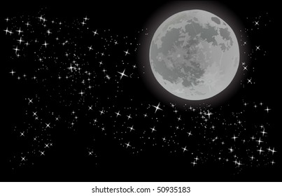 Illustration With Full Moon On Sky With Stars