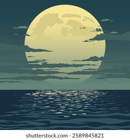 illustration of a full moon rising over the ocean. The sky is dark blue with a few thin clouds scattered across it. The ocean is dark blue-green. The water is calm and reflecting the light of the moon