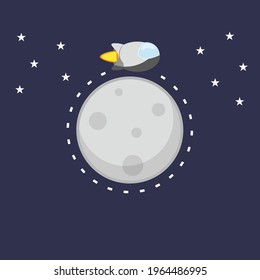 Illustration of full moon and spaceship with stars on dark blue background.