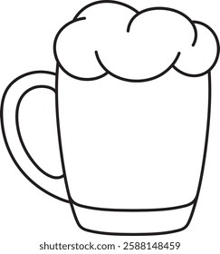 illustration, full mug of frothy beer, black and white vector linear icon isolated on a white transparent background