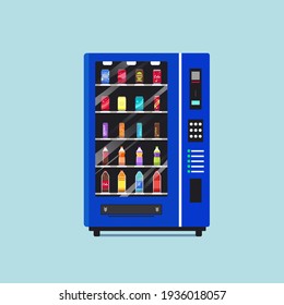 Illustration of full vending machine with drinks. Isolated on a cyan background