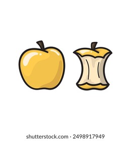 Una ilustración de una manzana amarilla completa y un núcleo de manzana amarilla lado a lado sobre un fondo blanco