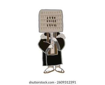 Illustration of a full-body komuso priest wearing a basket on his head playing the shakuhachi