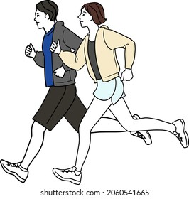 Illustration of a full-body line drawing of a young Asian male and female couple running in a hoodie