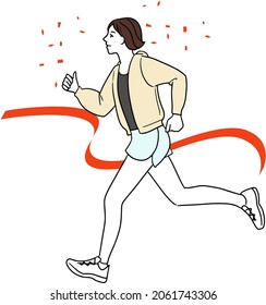 Illustration of a full-body line drawing of a young Asian woman cutting a goal tape in a hoodie and shorts